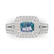 1.7ct Emerald Round Cut Halo Blue Moissanite Promise Bridal set 14k 2 tone Gold