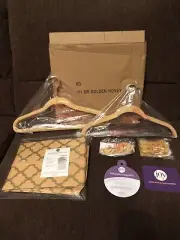 25 Joy Mangano Huggable Hangers * Clips * Hooks * Garment Bag * Golden Honey NEW