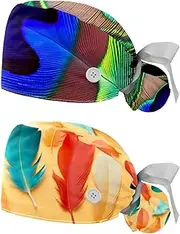 [YTYVAGT] 2-Pc,Nurse Scrub Caps,Scrub Hats with Buttons and Cotton Sweatband,Bird Peacock Feather