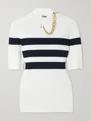 [Jean Paul Gaultier] Jean Paul Gaultier - Embellished Striped Ribbed-knit Turtleneck Sweater - White - xx small xx small White
