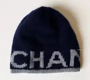 NEW 2021 CHANEL NAVY BLUE GREY CASHMERE WOOL BLEND KNIT HAT CAP BEANIE