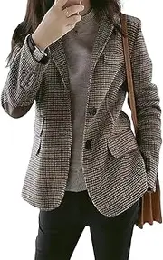[ebossy] Womens Vintage Nothced Lapel Single Breasted Boyfriend Blazer Suits Houndstooth Plaid Jacket Coat with Patched Elbow