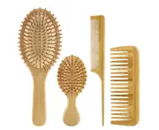 4 Piece Bamboo Hair Brush and Comb Set with Paddle Detangling Hairbrush Natural Wide-tooth and tail comb No Bristle