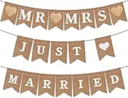 Just Married Banner (2-Piece, 1 of MR MRS, 1 of JUST Married), Burlap Bunting in Vintage Rustic Style, Backdrop or Table Décor for Wedding, Bridal Shower, Reception Party by PixiPy