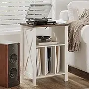 ChooChoo Record Player Stand with Vinyl Storage, Turntable Stand with Charging Station, Record Storage Cabinet, End Side Table for Living Room, Bedroom, White