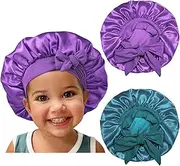 Satin Silk Bonnet Hair Cap: 2pcs Bonnets for Kids with Elastic Tie Band Adjustable Straps for Sleeping Sleep Comfortable - Stretchy Tie Band Hair Bonnets No Slip-Off (Purple+Teal-K)