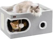 Garnpet Cat Bed for Indoor Cats Cube House, Covered Cat Cave Beds & Furniture with Scratch Pad and Hideaway Tent, Cute Modern Cat Condo for Multi Small Pet Large Kitten Kitty, Large, Grey