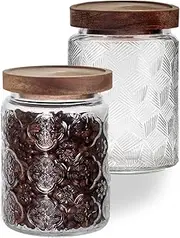 HZIYOU Vintage Glass Airtight Storage Jar, Glass Jar Canister with Bamboo Wooden Lid For Candy, Coffee Tea Beans, Oats, Flour, Grains(2 Pcs)