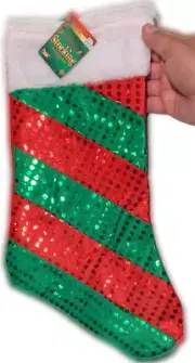 RED GREEN FOIL DOTS CHRISTMAS STOCKING Sock Gift Santa Bag Bling Sequins Stripe