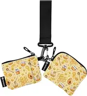 [Caihoyu] Women's Dual Wallets Busniess Card Cases Small Portable Coin Purse Wallet Bag with Zipper Pocket for Ladies Girls 2 Pcs, Watercolor Honey and Bee Happy Good Luck Honeycomb, 4.13"(L) x 3.5"(W), Travel