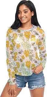 [RPLIFE] Honeycombs Bees Bright Long Sleeve Fishnet Top, Transparent Tops for Women Sexy S-XXL