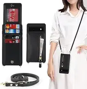 Cavor Vertical Flip Cover for Google Pixel 6a Leather Case 6.1'' Crossbody Wallet Card Slots with 360°Rotation Ring Holder Kickstand & Long Shoulder Lanyard Strap-Black