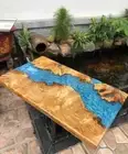 Custom Walnut Blue Epoxy Vibrant Resin Art Dining Room Centerpiece Table Top