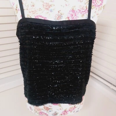 Cue black crop top fringe metallic sparkle party black. NWT $225 Size 10