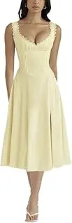 [Juakoso] Women Boho Corset Maxi Dress Square Neck Sleeveless Bustier Midi Dress Casual Split Cottagecore A Line Sundress