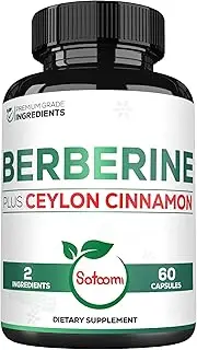 SATOOMI 1000mg Berberine with 500mg Ceylon Cinnamon Supplement - Extra Strength for Immune System, Digestive Health, Body Management & Energy Production - 60 Capsules - Gluten-free, Non-GMO