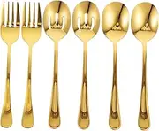 GANAZONO 6pcs Set Gold Serving Utensils Set Stainless Steel Spoons Slotted Spoons Forks for Buffet Parties Weddings Tableware for Food Soup Serving