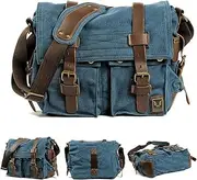 [Generic] Canvas Messenger Bag, Vintage Genuine Leather Shoulder Bag, Large Crossbody Satchel Purse Laptop Bag Sky-Blue