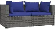 vidaXL Grey Poly Rattan 2-Seater Sofa with Dark Blue Cushions, Water-Resistant, Easy to Clean and Durable - Perfect for Outdoor Use, Modular Design for Flexible Arrangement