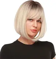 EMMOR Short Blonde Wig for Women, Natural Synthetic Hair Ombre Bob Wigs with Fringe Dark Root for Daily Life/Party/Cosplay (14 inches, Platinum Blonde)