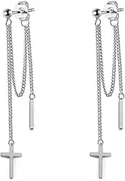 [NewZenro] Cross Bar Front Back Tassel Threader Chain Dangle Drop Earrings for Men Women Boys Girls Stainless Steel Ball Stud Dangling Hanging Hypoallergenic Fashion Punk Vintage Personalized Jewelry Gifts