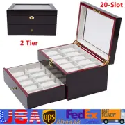 20-Slot Watch Box Wood Display Case Glass Top Jewelry Storage Box+Lock 2 Tier