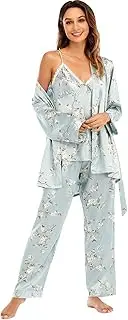 [Escalier] Women's Silk Satin Pajamas Set 3 Pcs Floral Silky Pj Sets Sleepwear Cami Nightwear with Robe and Pant