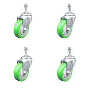 4 Inch SS Green Polyurethane Wheel Swivel 3/8 Inch Threaded Stem Caster Set SCC