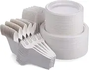 250Pcs Paper Plates Set for Dinner, Heavy Duty Paper Plates Set, Plant-Based Dinner Sets, Microwave Safe, Serve for 50 People