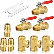 9PCS 1/4" NPT Metals Brass Pipe Fitting, Air Hose Fitings, Barstock Tee Brass and Ball Valve for Pipe Connecting