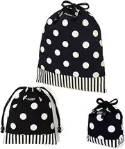 NJ601600 3-Piece Drawstring Set, Large Drawstring Bag (Lunch Bag), Drawstring (Cup Bag), Gymnastics Bag, Preparation for School Admission, Cute, DPD Polka Dot Large (twill, black)