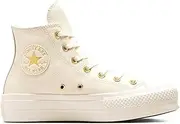 [Converse] Women's Chuck Taylor All Star High-top Platform Leather Sneaker, Egret/Egret/Gold, 8