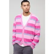 Mens Pink Boxy Brushed Stripe Knitted Cardigan