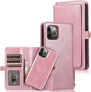[Cavor] for iPhone 12 Wallet Case,for iPhone 12 Pro Wallet Case,2 in 1 Magnetic Detachable Case Leather Flip Cover with Stand Feature & Card Slots & Wristlet Strap (6.1")-Pink