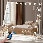 Oikiture Rotatable Hollywood Vanity Mirror with Lights, 83 x 69cm Hollywood Mirror Vanity Mirror with 18 LED Bulbs 10x Magnifying Mirror and Bluetooth Speaker