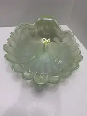 Green Carnival Glass Clam Shell Trinket Dish. Beautiful.