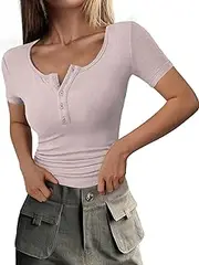 [Eniloyal] T-Shirt Women's Summer Shirt Ribbed Short Sleeve Top Tight Elegant Basic T-Shirt Button Placket Stretch