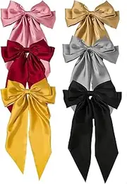 Big Bow Barrettes, BetterJonny 6Pcs Silky Satin Bows Hair Barrettes Clip with Long Silky Bows Hair Clips for Girls Women, Adult Teens Hair Accessories
