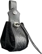 [HiiFeuer] Medieval Faux Leather Drawstring Pouch, Retro Nordic Portable Coin Purse, Vintage Belt Pouch Dice Bag For LARP Ren Faire, Black A, One Size