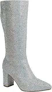 [ABSOLEX] Women Pointed Toe Rhinestone Block Medium Heel Knee High Boots