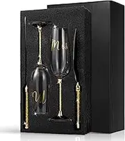 4 Piece Wedding Cake Knife and Champagne Flutes Server Set Mr and Mrs Toasting Flutes Crystal Rhinestone Cake Cutting Set for Bride and Groom Wedding Engagement Bridal Shower Gifts(Gold)