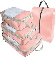 [Xiao Hua] 4 Piece Compression Packing Cube Set, Travel Storage Bag Portable Luggage Storage Box Set Expandable Packing Mesh Bag for Clothing Underwear Shoes (Pink)