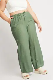 Green Drawstring Waist Wide Leg Textured Pants