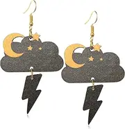 [JNONL] Funny Geometry Cloud Moon Star Lightning Wooden Lightweight Dangle Drop Earrings Handmade Painting Weather Hook Earrings For Women Girls Jewelry Gifts