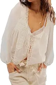 [CocMouse] Women Lace Tie Front Top Long Sleeve Button Up Chiffon Cardigan Flowy Boho Peplum Shirt Y2k Coquette Clothes
