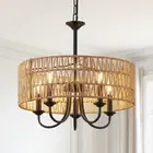 5-Light Boho Rattan Light Fixture Black Modern Farmhouse Drum Chandelier With...