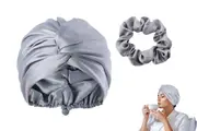 Silk Sleeping Cap with Hair Band Adjustable Double Layer Hair Bonnet for Women-Gray