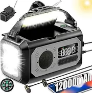 12000mAh Emergency Radio,Multi-Function AM/FM/NOAA Weather Radio,2 Solar Panels,Hand Crank,USB Cable 3 Charging Methods,SOS Alarm,Flashlight,Phone Charger,Compass,Reading Lamp (Grey)