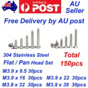 150pcs M3.9 304 Stainless Steel Pan Flat Head Self-Tapping Screws Assorted Kit