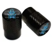 2 Black Billet Aluminum Knurled Tire Valve Caps - Pin Stripe BLU